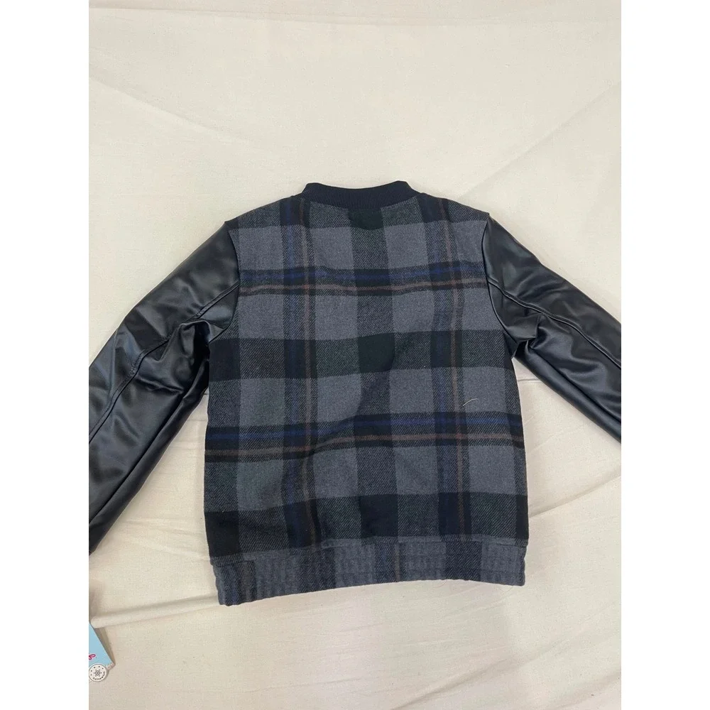 Cat & Jack Boys Plaid Bomber Jacket Black Grey Faux Leather Sleeves Size S 6/7